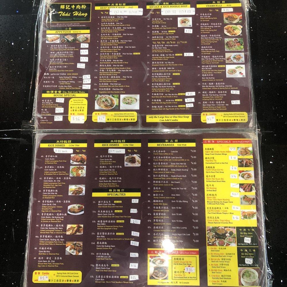 Menu at Pho Thai Hang 2 Restaurant, Vancouver
