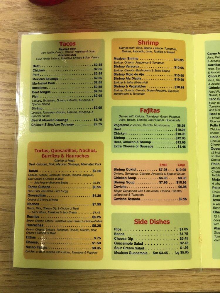 Menu at Tacos el Mariachi restaurant, Kingsport