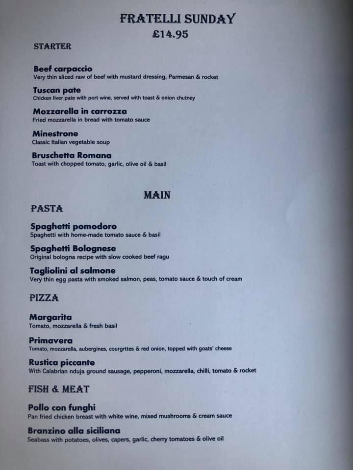 Menu at Fratelli Italian restaurant & bar, Bradford