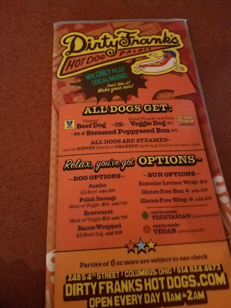 Menu at Dirty Frank's Hot Dog Palace pub & bar, Columbus, 248 S 4th St