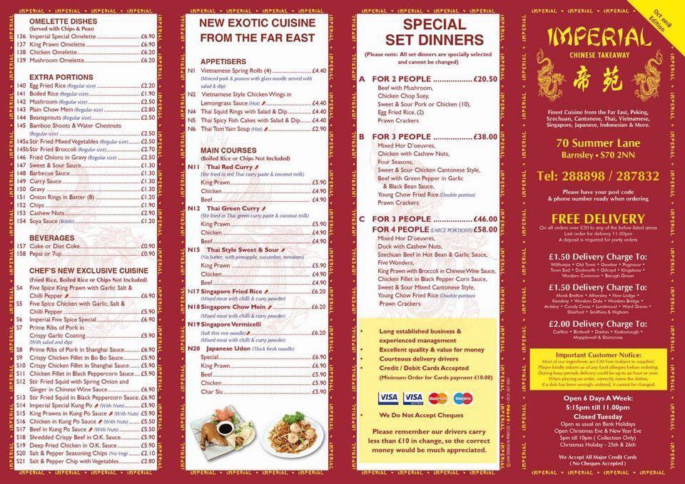 Menu At Imperial Chinese Takeaway Fast Food, Barnsley