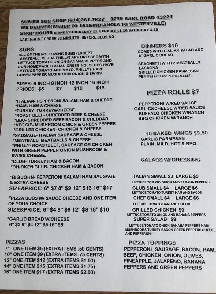 Menu at Susie's Sub Shop pizzeria, Columbus, Karl Rd