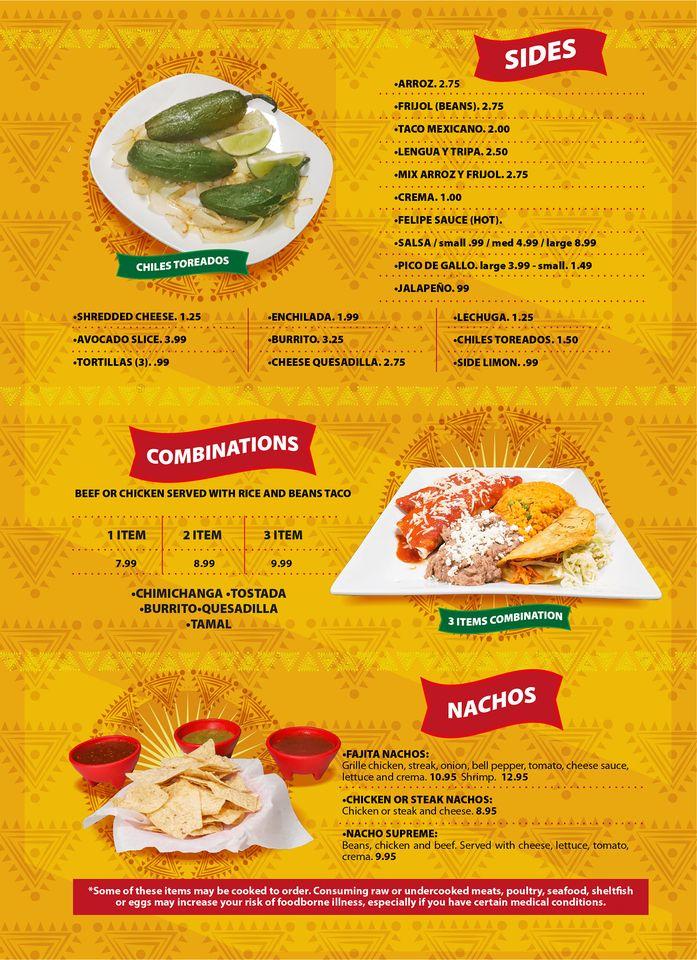 Menu at Taqueria la Veracruzana restaurant, Beulaville