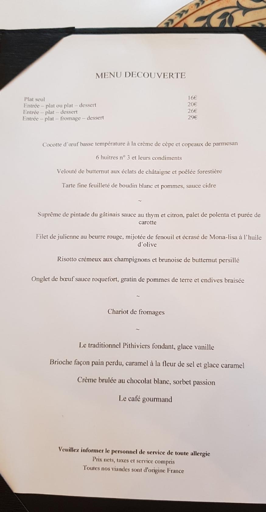 Menu au Auberge De La Rive Du Bois restaurant Chambon la Forêt Rte de