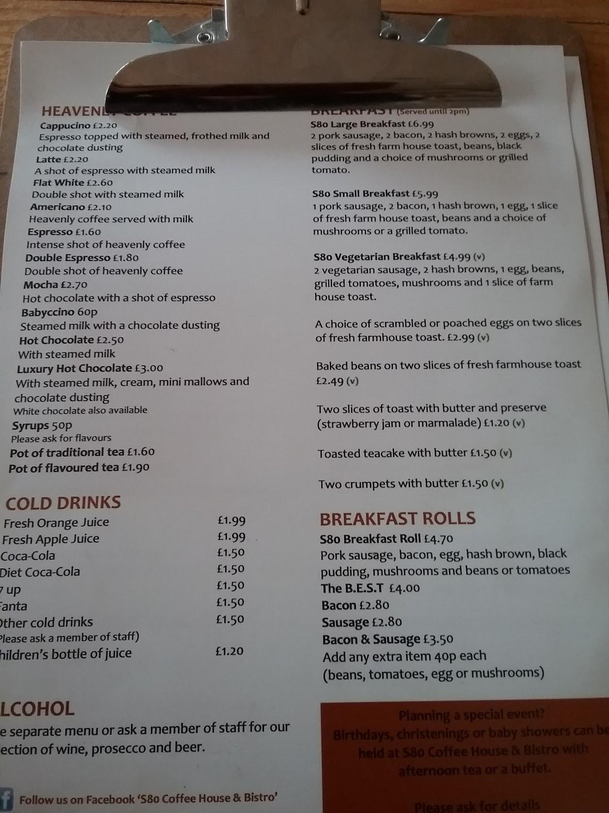 Menu at S80 Coffee House, Creswell