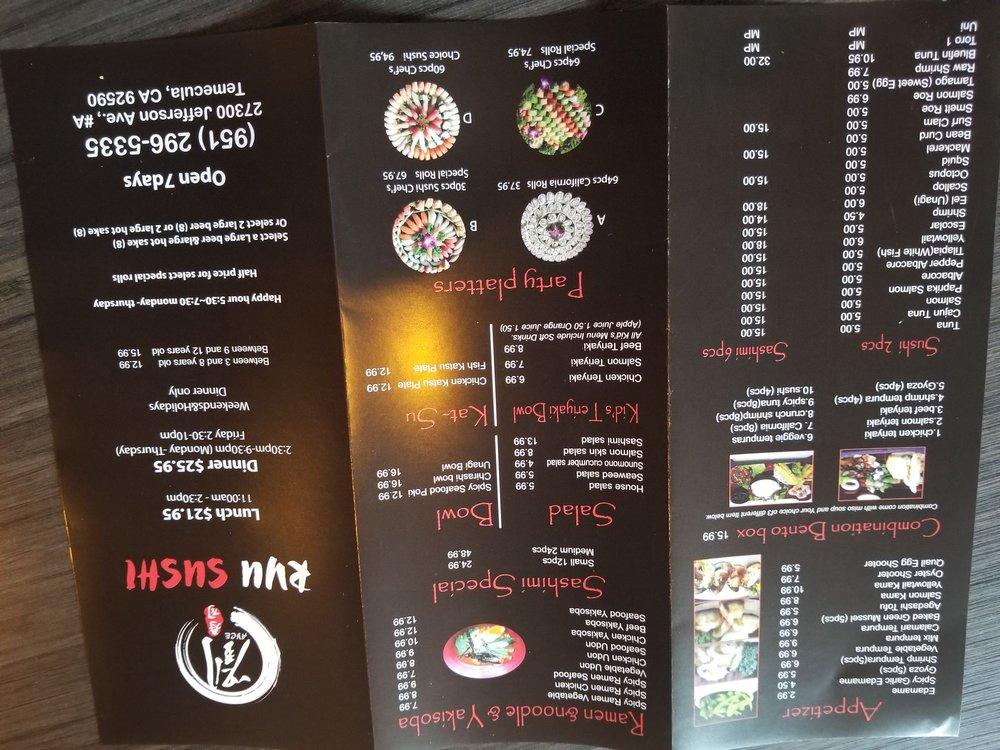 Menu at Ryu sushi restaurant, Temecula