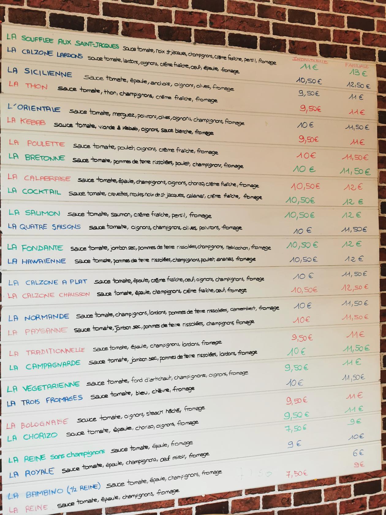 Menu de Top Pizza