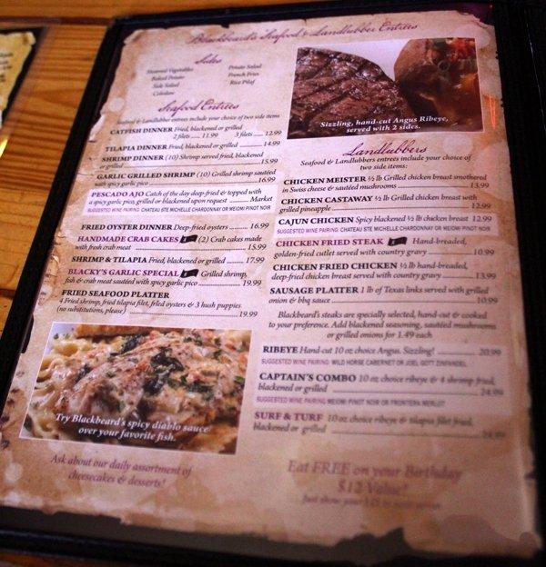 Menu at Blackbeard's On the Beach restaurant, Corpus Christi, Surfside Blvd