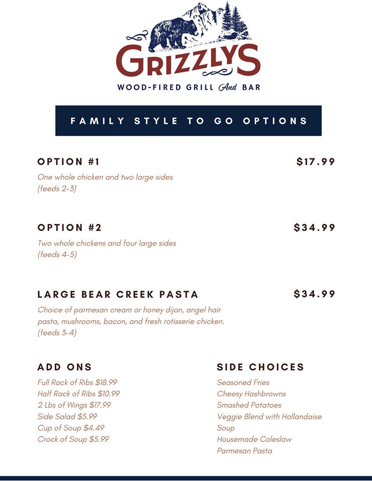Menu at Grizzly's WoodFired Grill steakhouse, Eau Claire