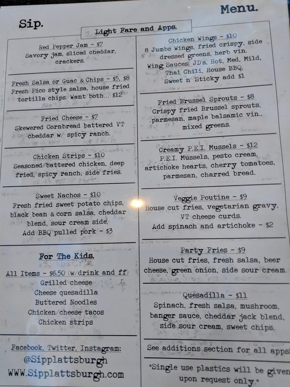 Menu at Sip pub & bar, Plattsburgh