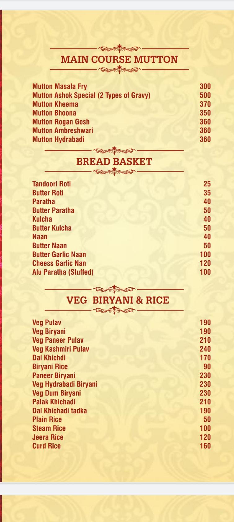 Menu at The Ashoka Restaurant & Bar, Mumbai, Barkat Ali Dargah Rd