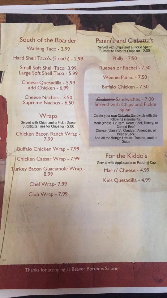 Menu at Beaver Bottoms Saloon pub & bar, Fountain