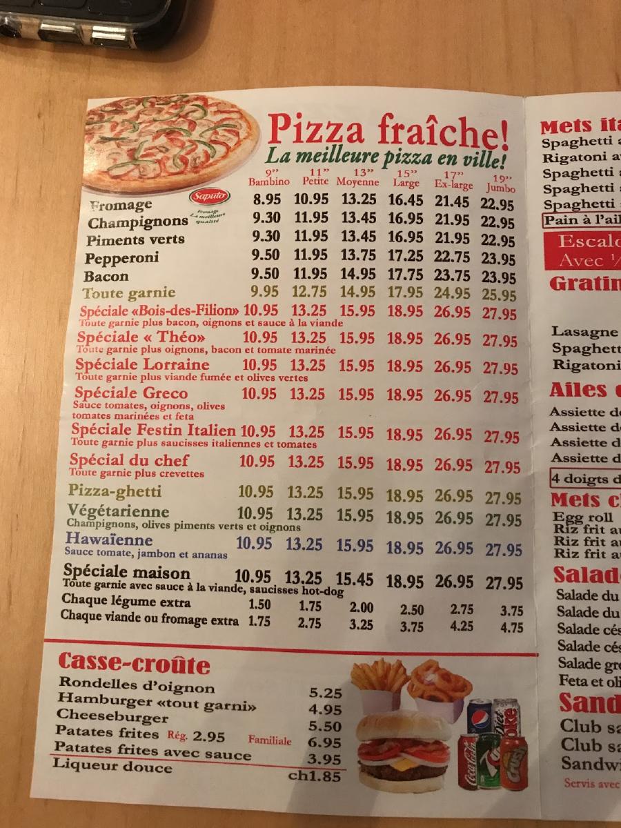 Menu au Brochetterie Bois des Filion Pizzeria, BoisdesFilion