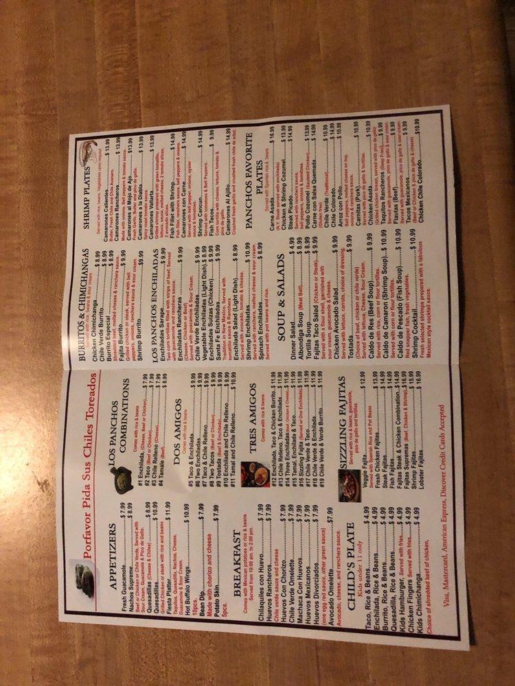 Menu at Los Panchos restaurant, Bakersfield