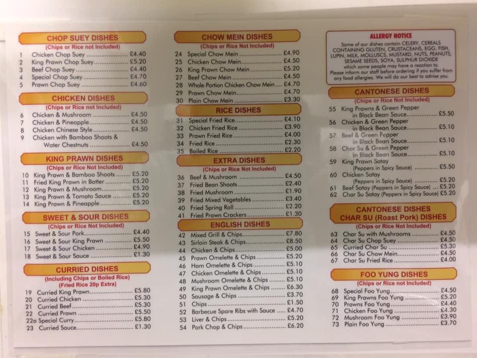 Menu At Ming Wah Fast Food, Rotherham, 67 Meadowhall Rd