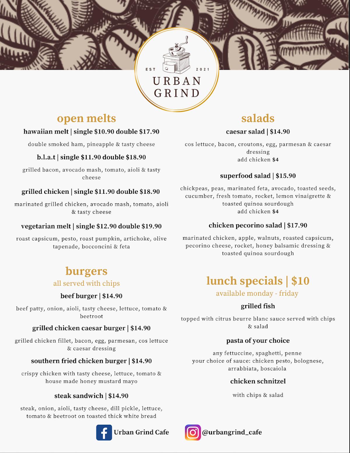 Menu at Urban Grind cafe, Chipping Norton