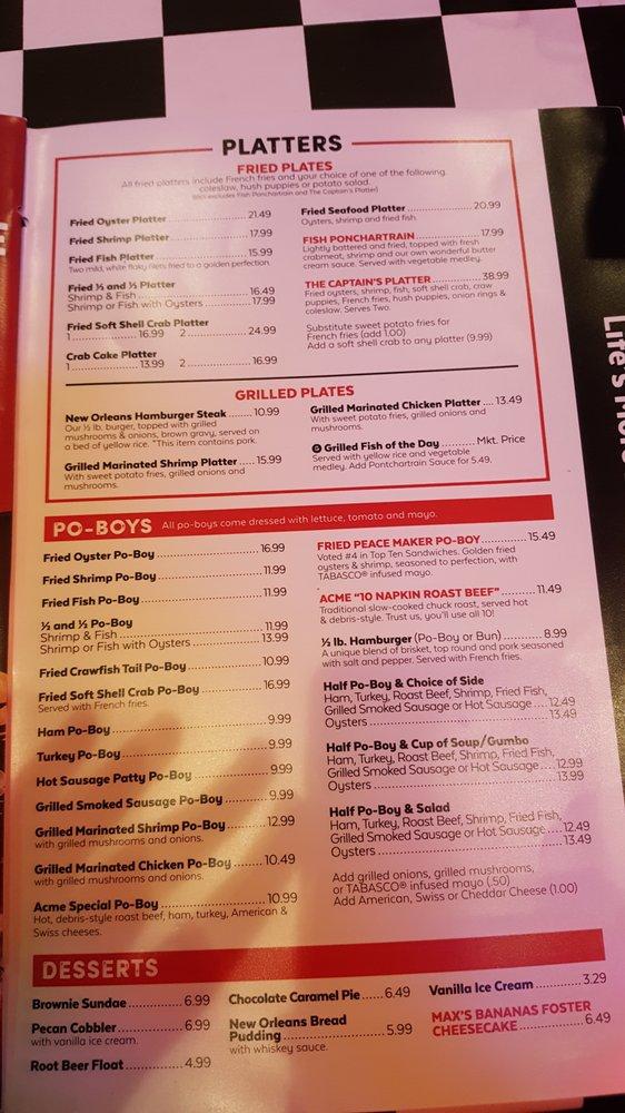Menu at Acme Oyster House restaurant, Gulf Shores