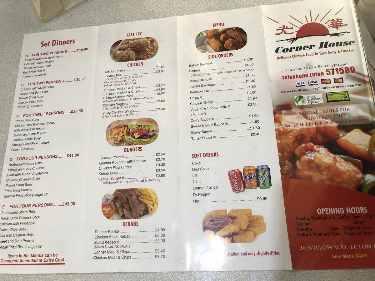 Menu at Corner House fast food, Luton