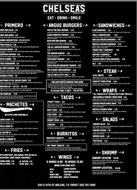 Menu at Chelsea's Burgers N' Brew fast food, Abilene