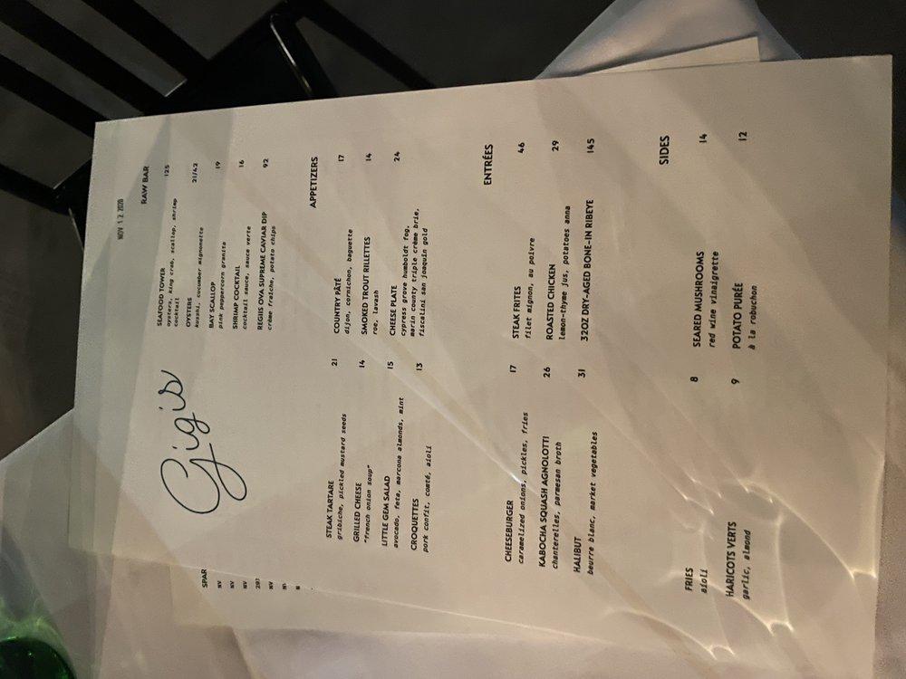 Menu at Gigi's restaurant, Los Angeles