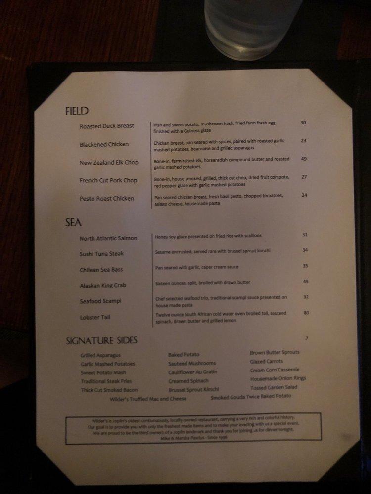 Menu at Wilder's Steakhouse, Joplin
