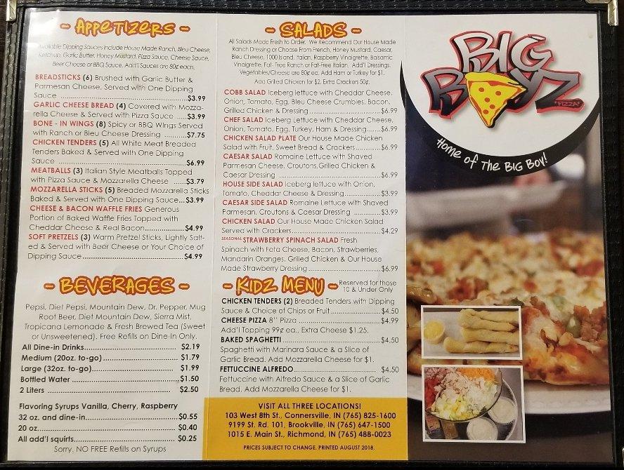 Menu at Big Boyz pizzeria, Connersville