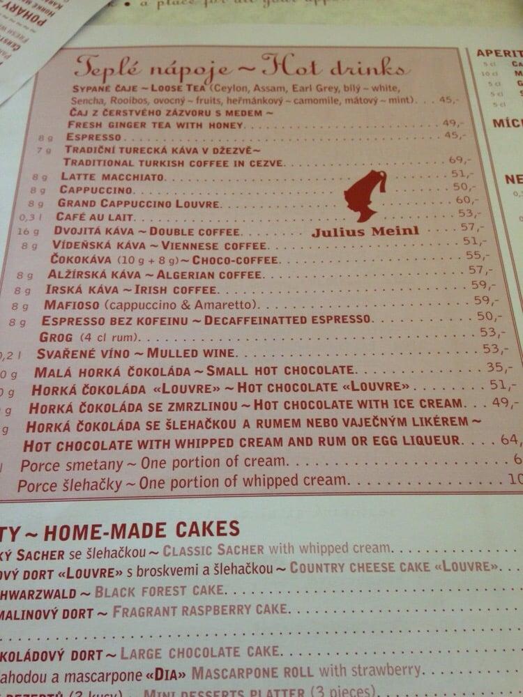 Menu at Café Louvre cafe, Prague, Národní 22