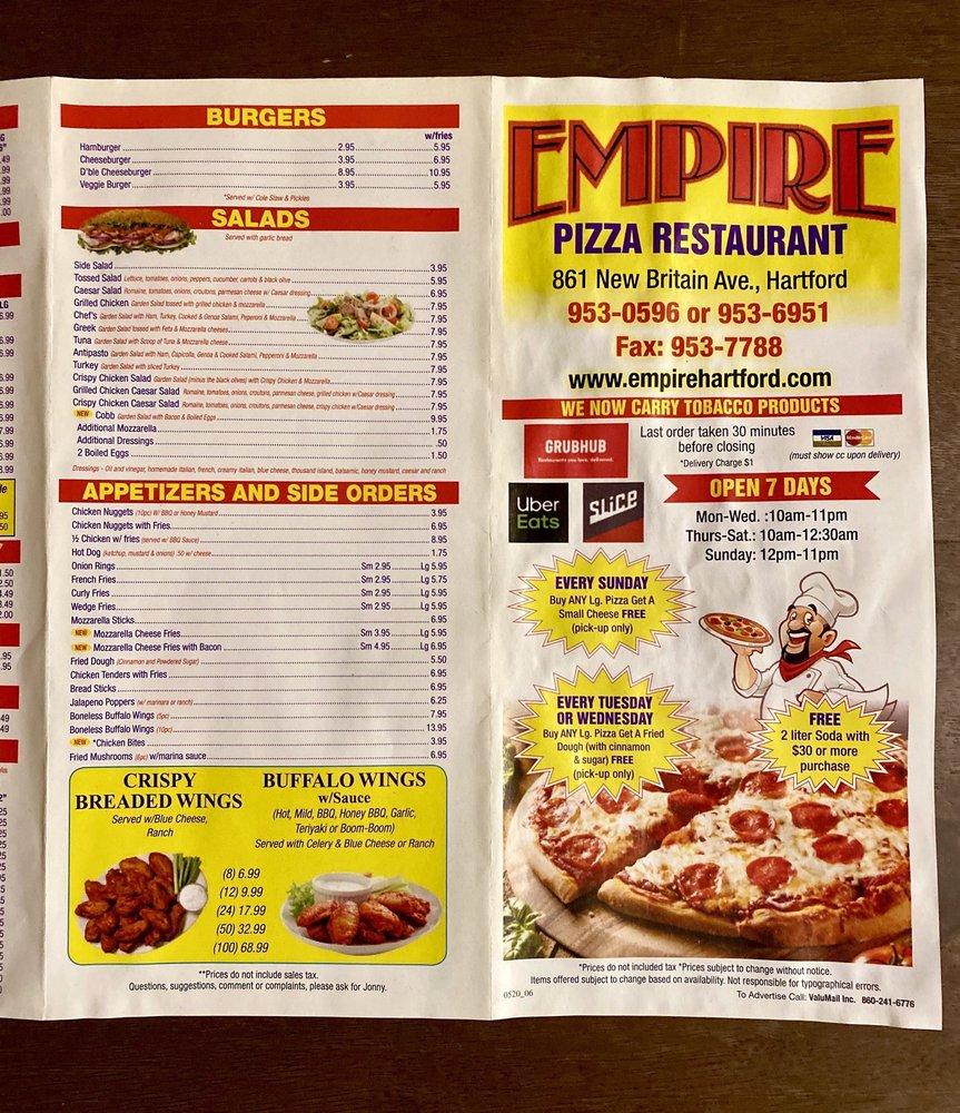 Carta de pizzería Empire Pizza House, Hartford