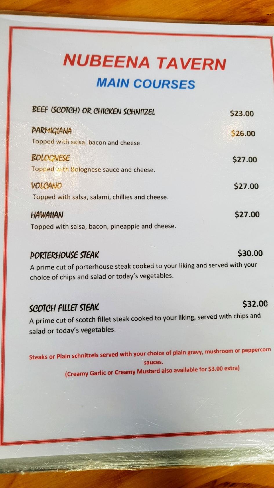 Menu at Nubeena Tavern restaurant, Nubeena