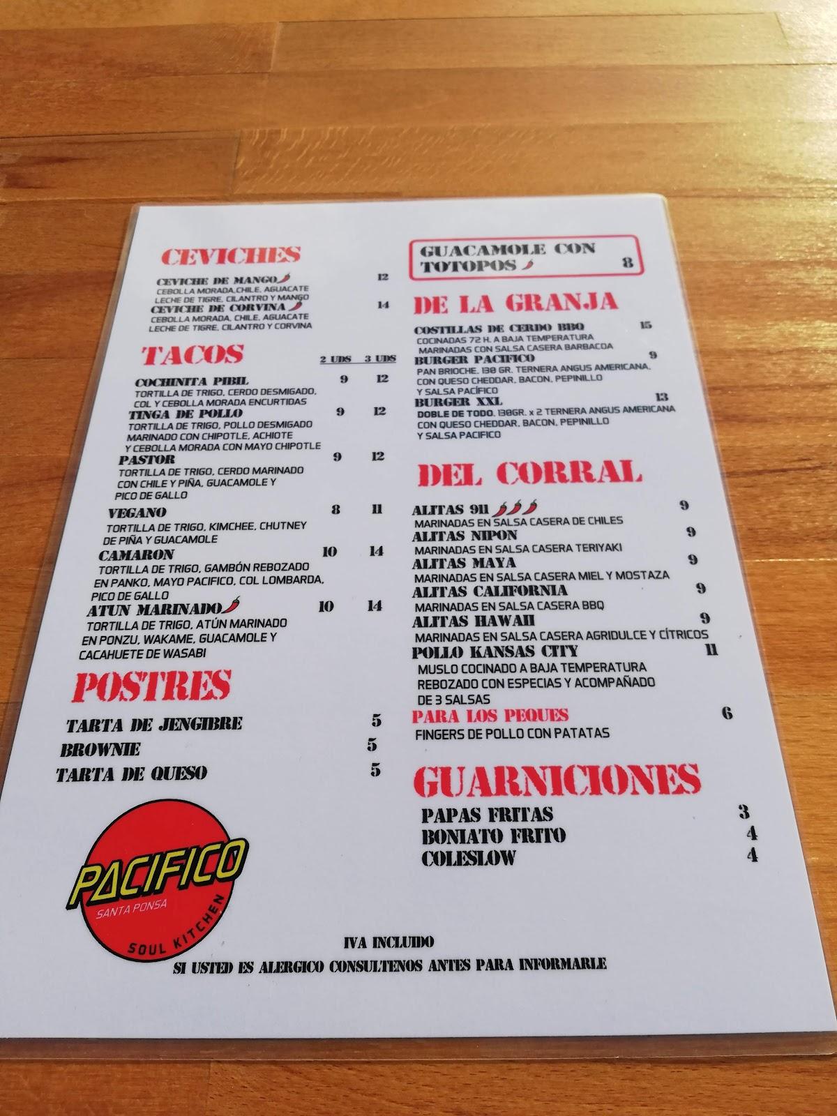Menu at Pacifico Soul Kitchen restaurant, Santa Ponsa, Plaça Santa Ponça
