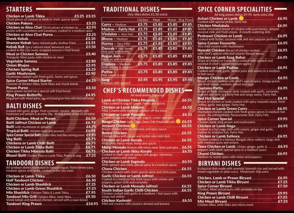 Menu at Spice Corner restaurant, Aberdare