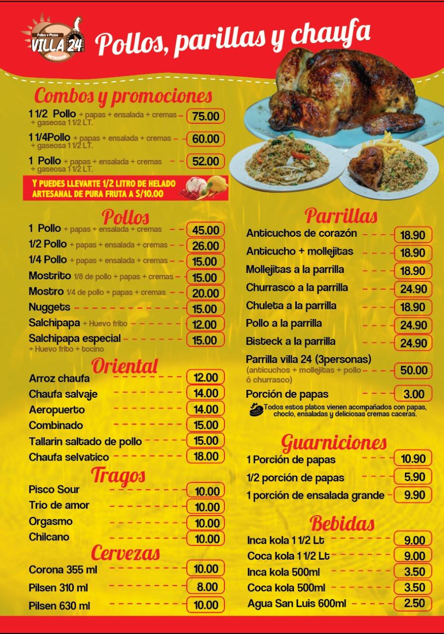 Menu at VILLA 24 POLLOS Y PIZZAS restaurant, Comas