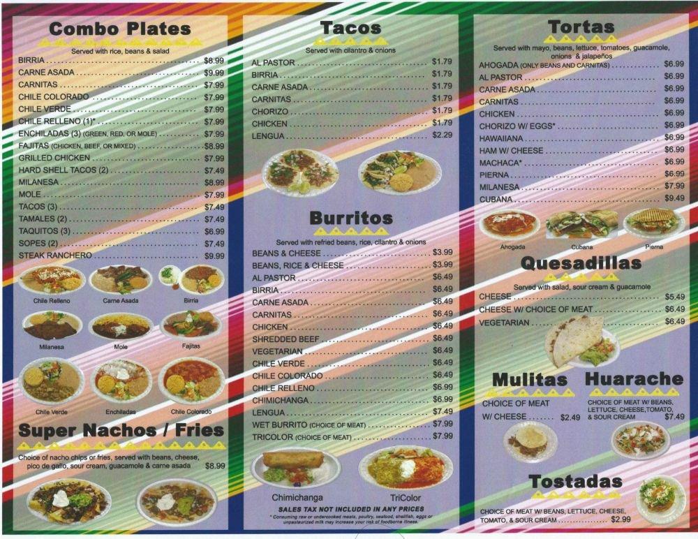 Menu at EL Zarape 1 (Arville) restaurant, Las Vegas