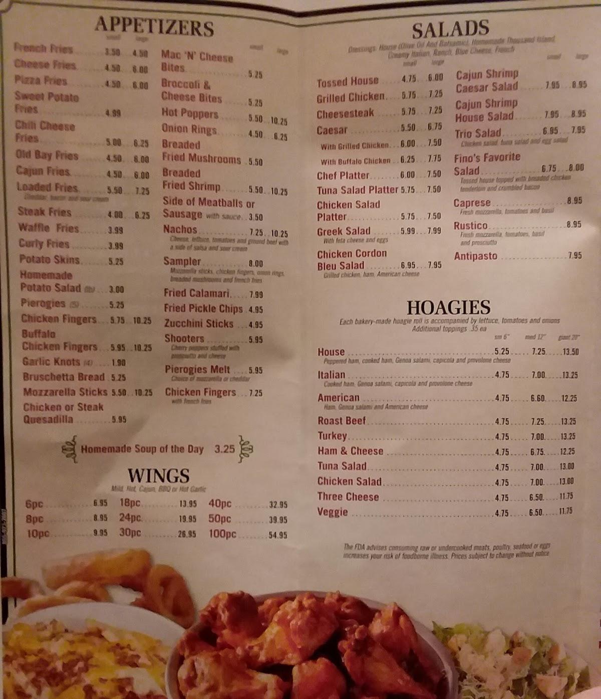 Menu at Fino's Pizzeria, Trumbauersville