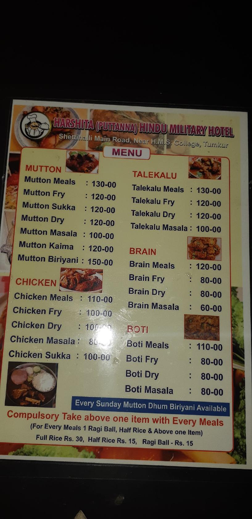 hindu military hotel menu