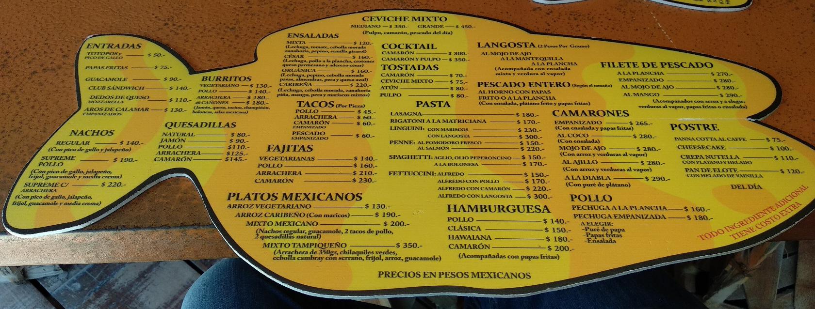 Carta del restaurante Kalma 40 cañones, Mahahual