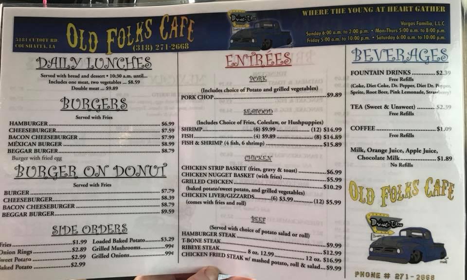 Menu at Old Folks Cafe, Coushatta