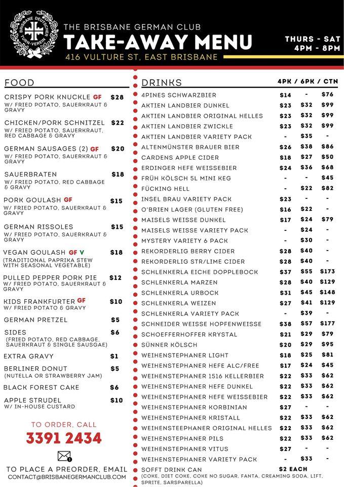Menu at Brisbane German Club, East Brisbane