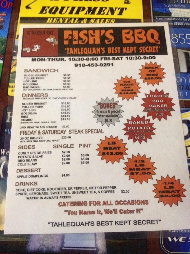 Menu at Fish's Bar B Que, Tahlequah