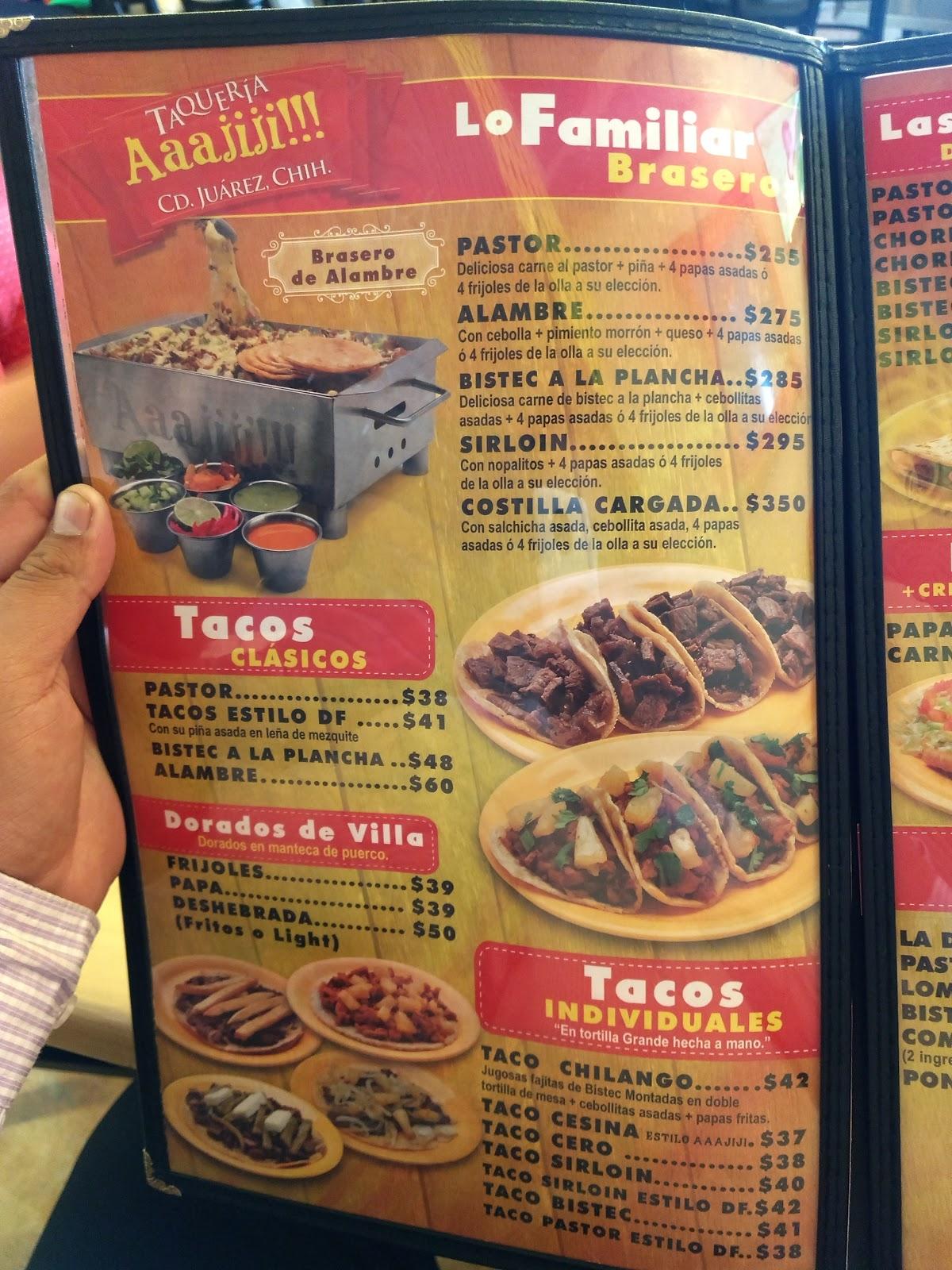 Carta del restaurante La Taqueria del Juárez., Ciudad Juarez