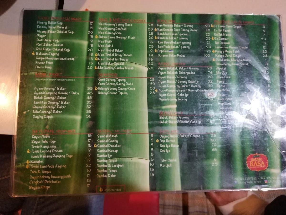 Menu at Saung Rasa Tebet restaurant, South Jakarta