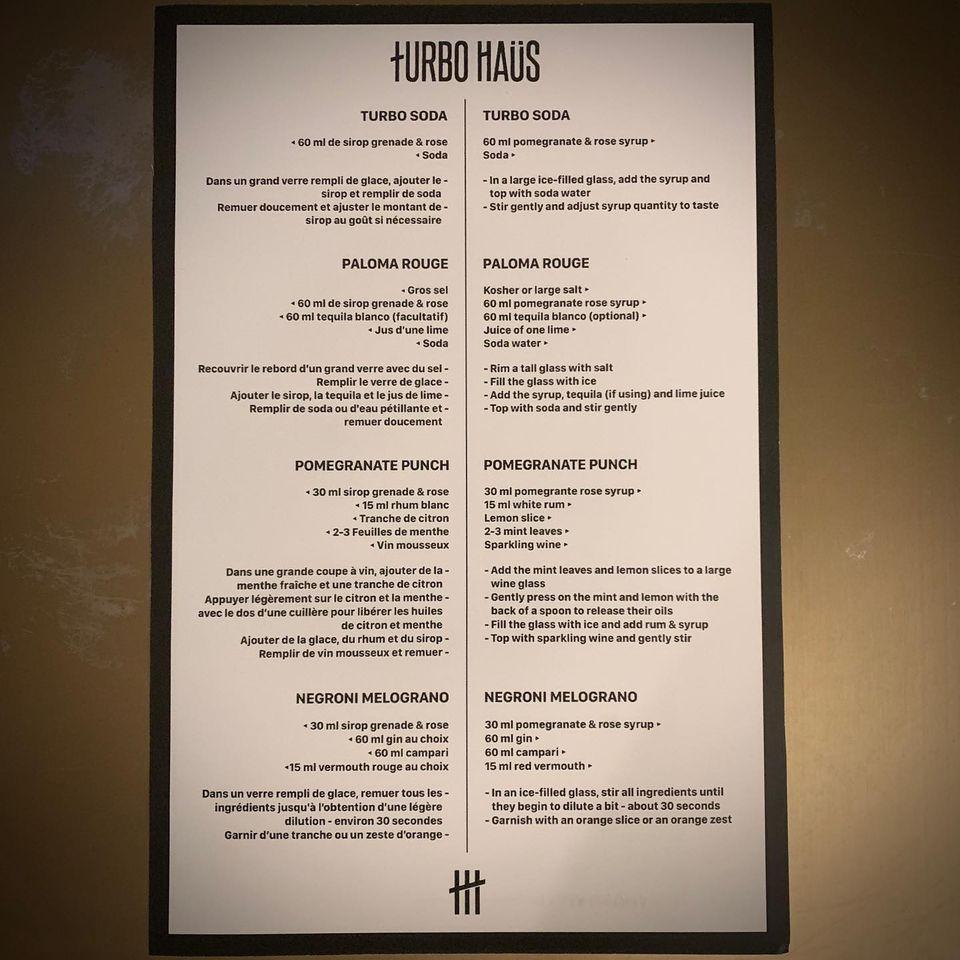 Menu at Turbo Haüs pub & bar, Montreal