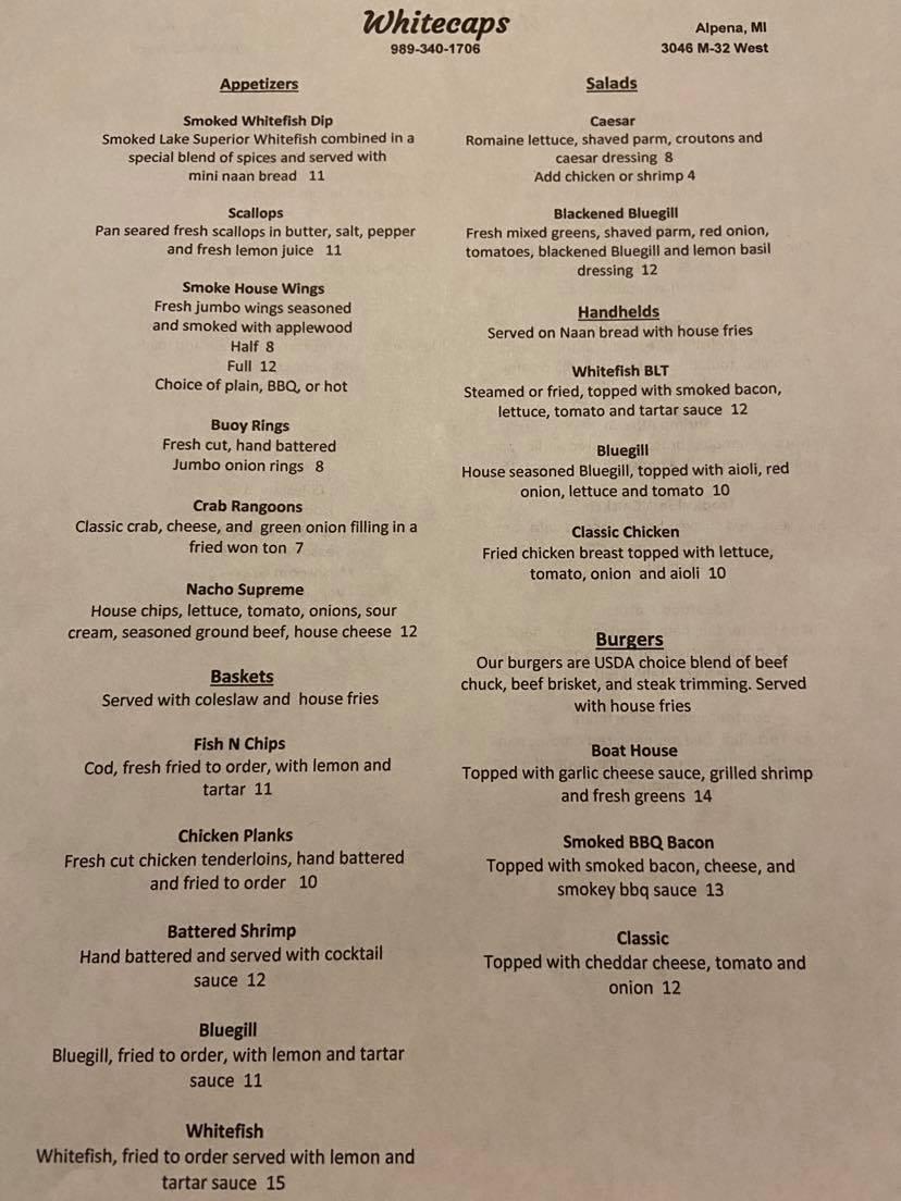 Menu at WhiteCaps Restaurant and Bar, Alpena