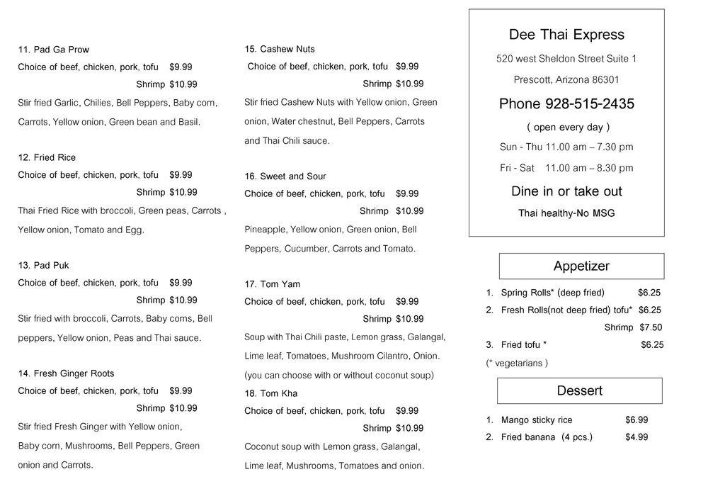 Menu at Dee Thai Express restaurant, Prescott