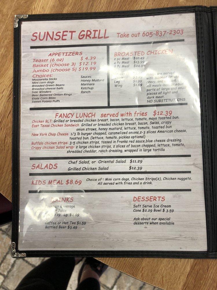 Menu at Sunset Grill restaurant, Kadoka, 411 SD73