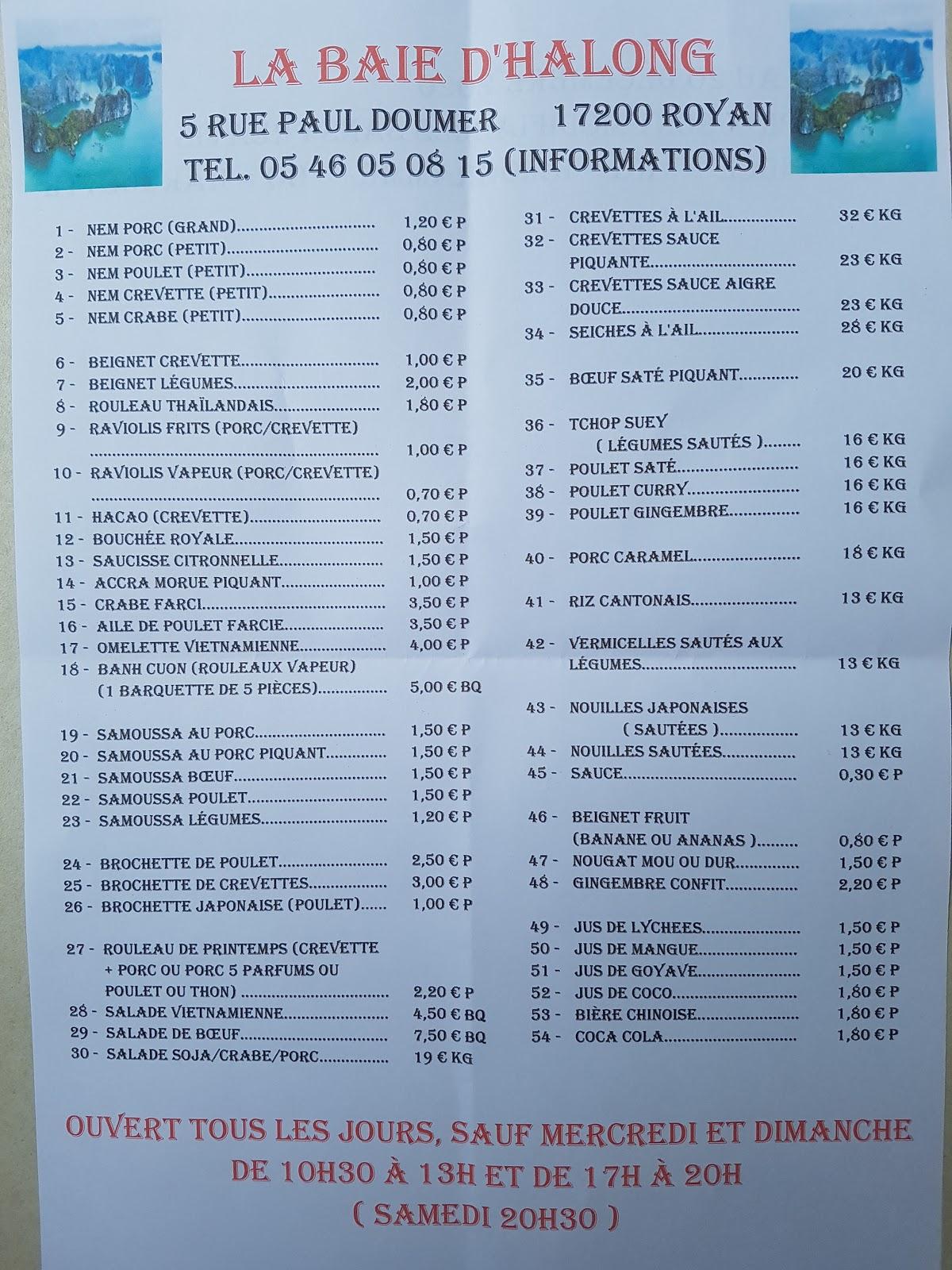 Menu at La Baie D'halong restaurant, Royan