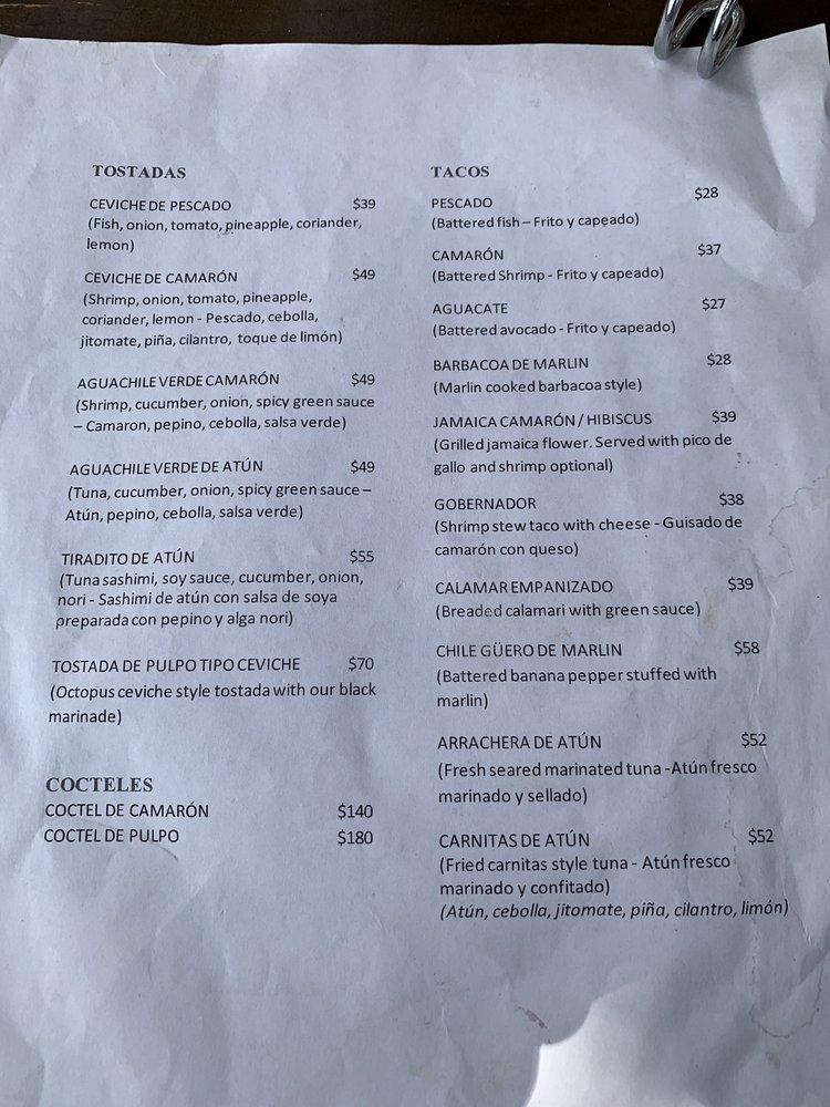 Carta del restaurante Lobo del Mar. Mariscos, Ajijic