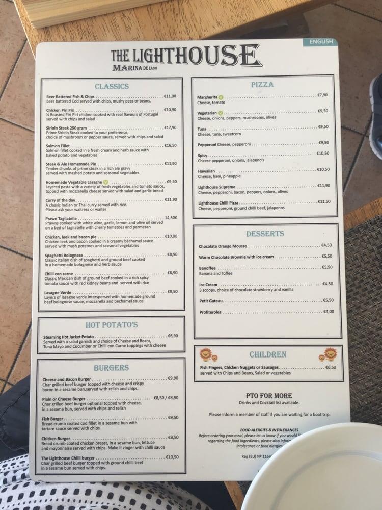 Menu at The Lighthouse pub & bar, Lagos