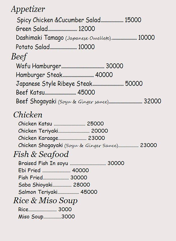 Menu at YATAI Japanese Food Stall restaurant, North Jakarta
