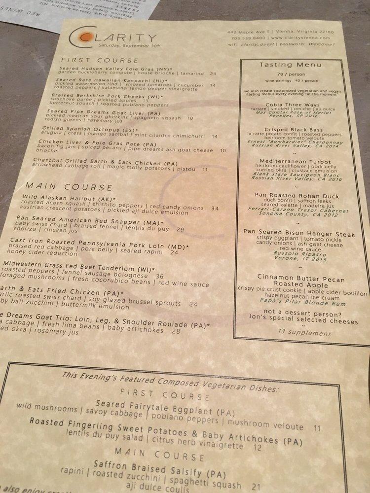 Menu at Clarity pub & bar, Vienna